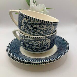 Royal China Vintage Currier & Ives Pattern Horse & Buggy Teacups Saucers